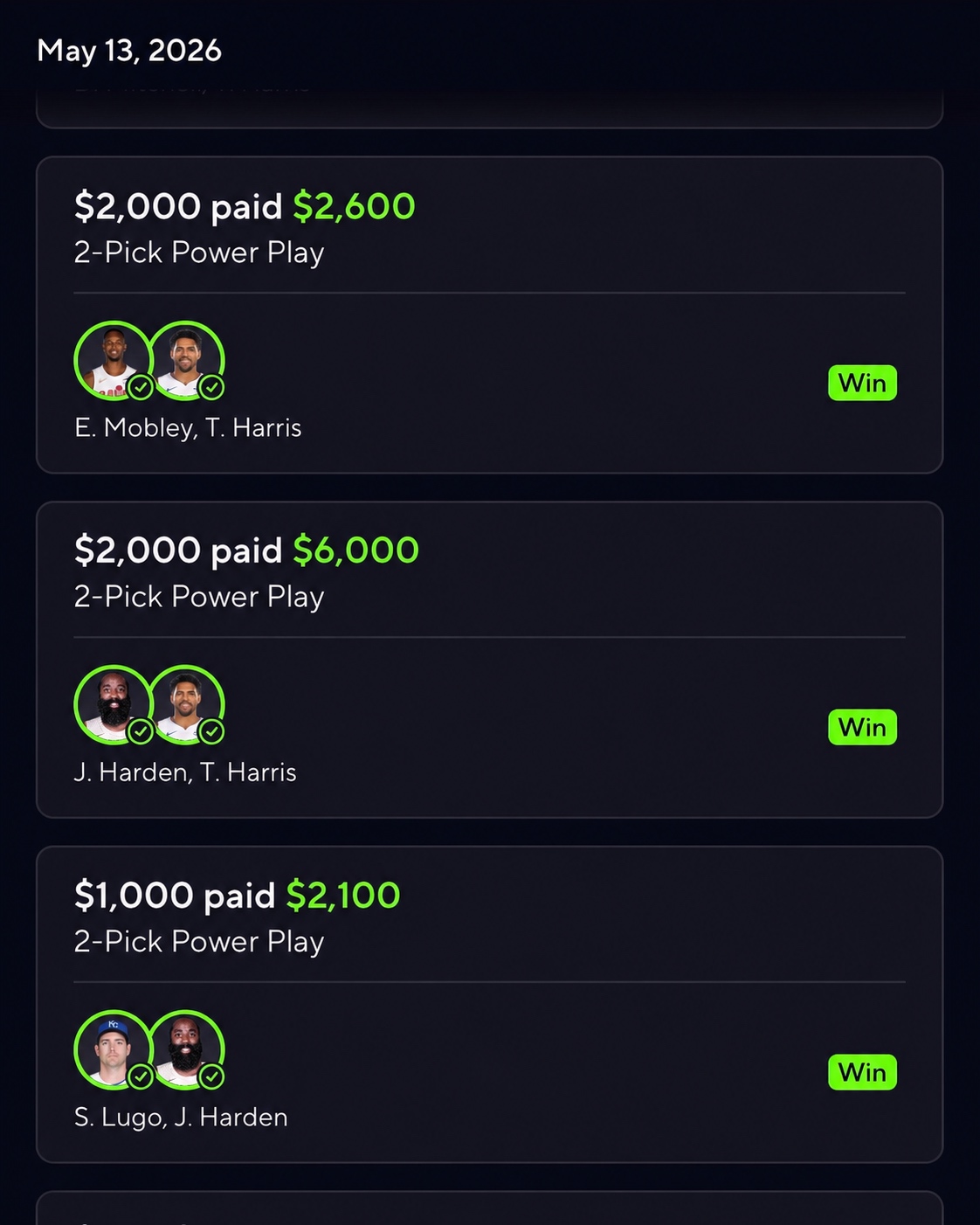 Winning 2-pick power plays paying $2,600, $6,000 and $2,100